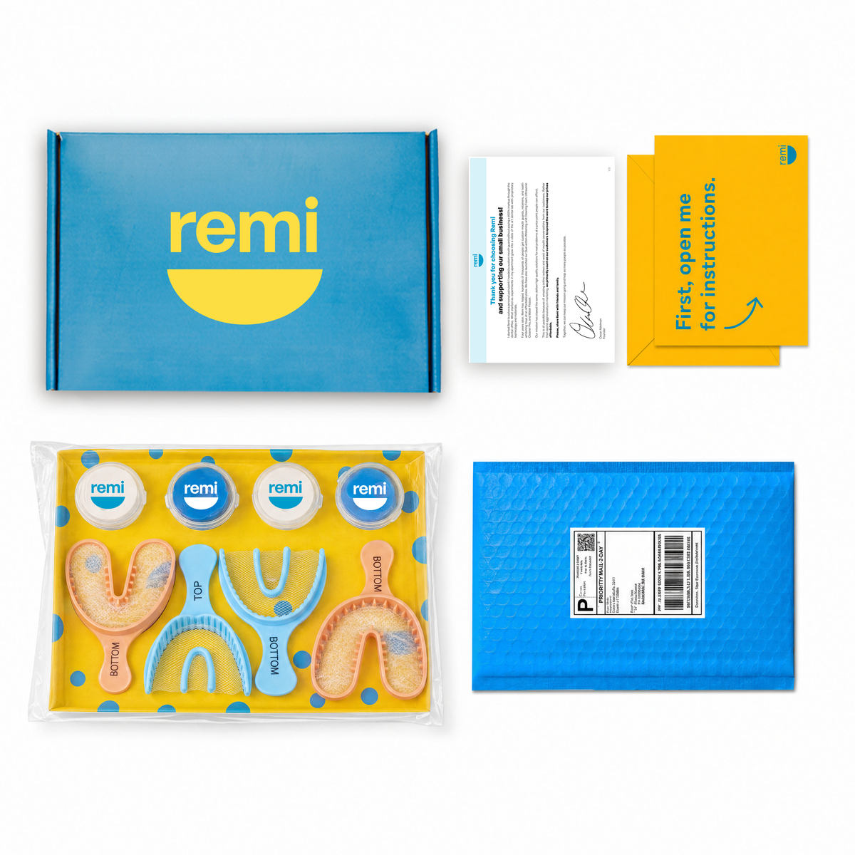 A Remi Wellness dental impression tray kit with blue and yellow packaging, mouth trays labeled top and bottom, putty for creating accurate impressions, instructions, a return shipping envelope, and a certification card—all neatly arranged on a white background.